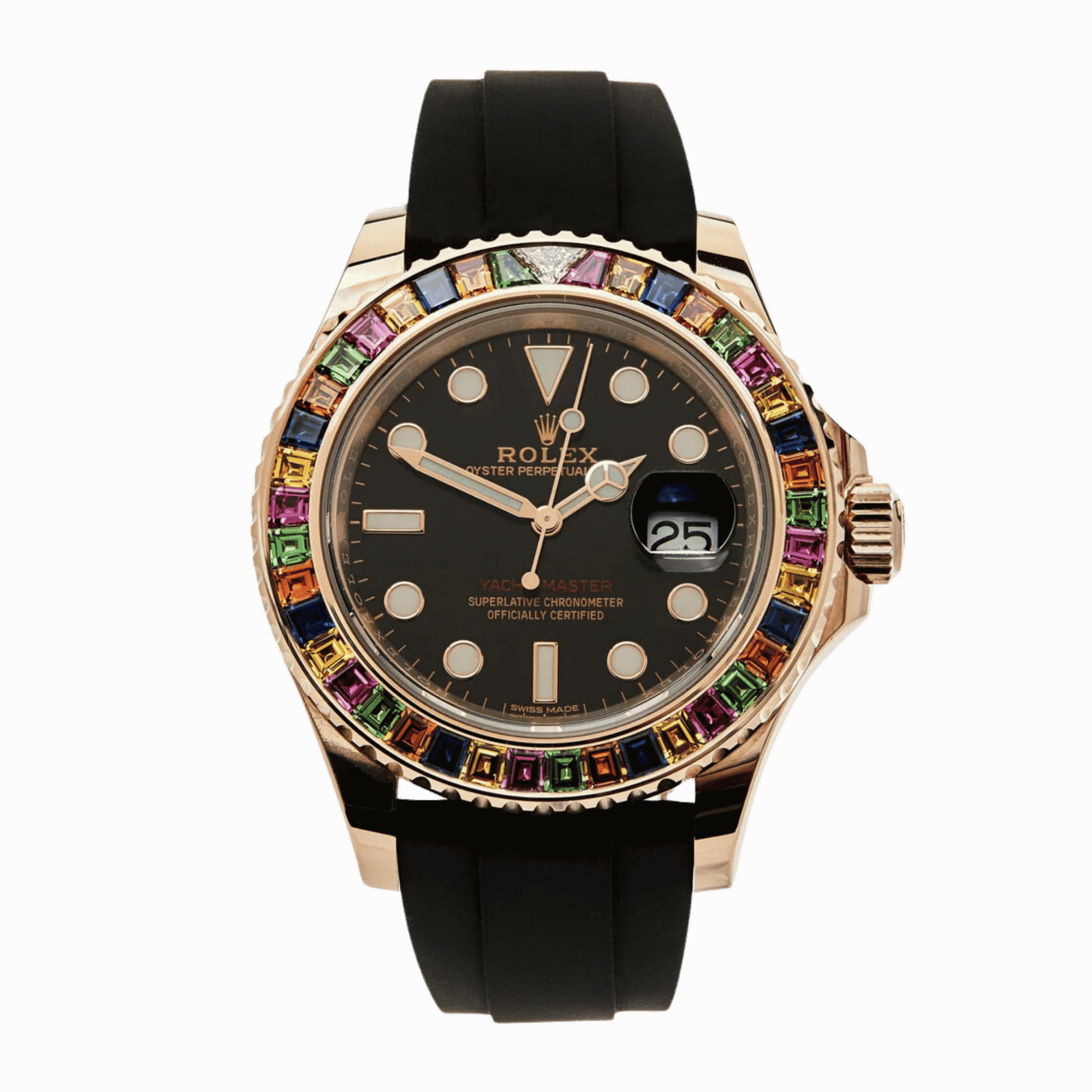 7ad6a612213cc0a4470ca88edacf83ae.png Yacht-Master Rose Gold Rainbow Sapphire Black Dial 40mm - Image 1